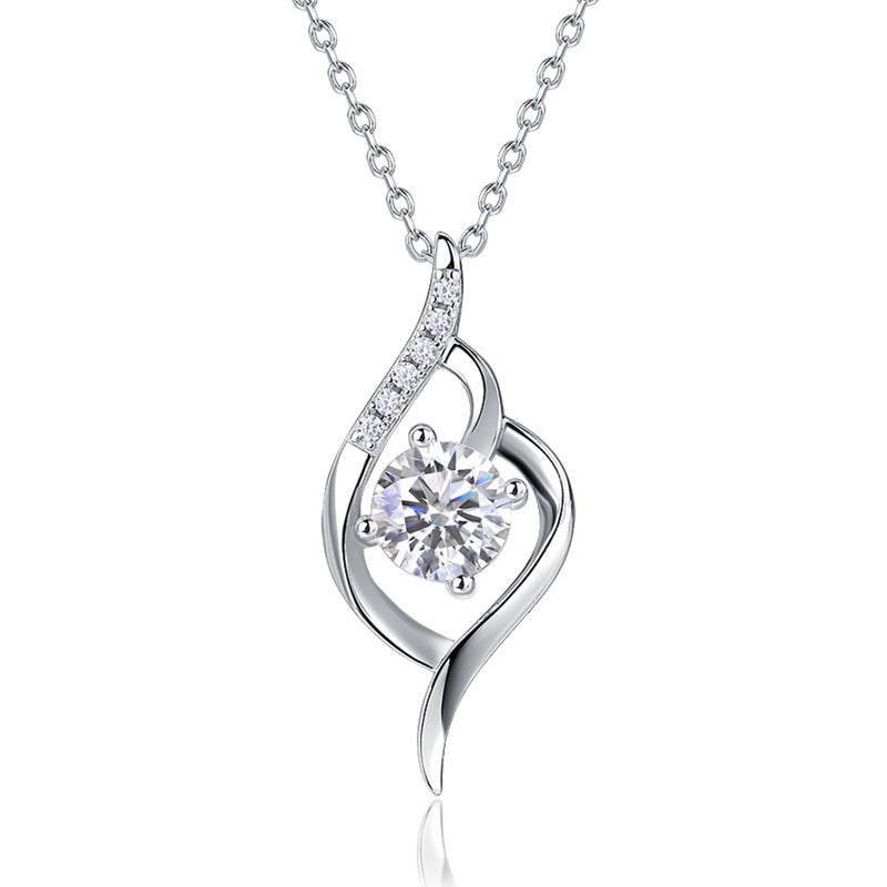 Round cut diamond intertwined swirl solitaire pendant necklace with pavé accent band in 925 silver.