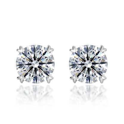 Pair of round cut diamond solitaire stud earrings with heart prongs in 925 silver.