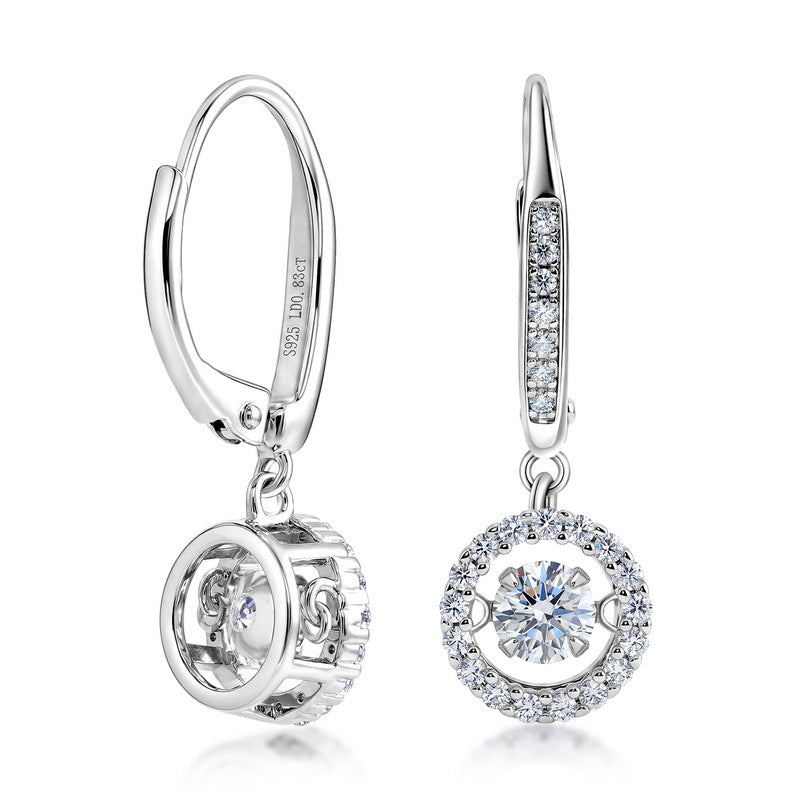 Perspective view of round lab diamond circle halo dangle earrings showing floating center stone.