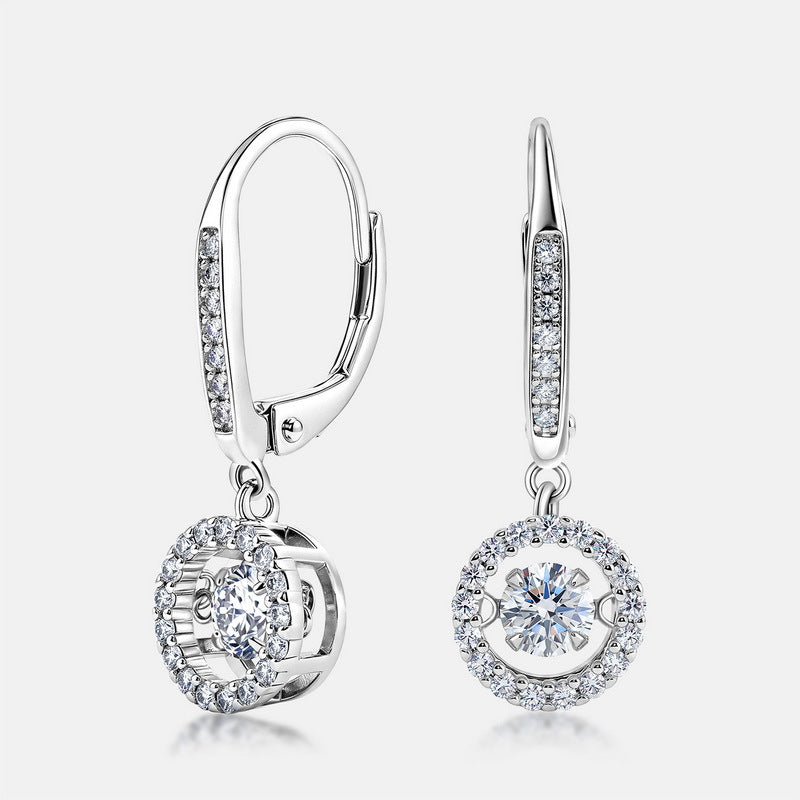 Side view of round lab diamond circle halo dangle earrings showing leverback mechanism.