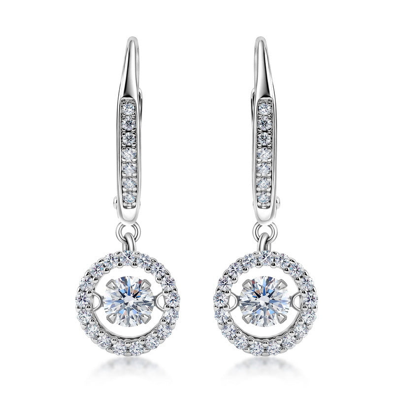 Round lab diamond circle halo dangle earrings in 925 sterling silver with leverback clasp.