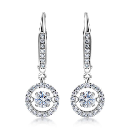 Round lab diamond circle halo dangle earrings in 925 sterling silver with leverback clasp.