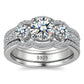 Frontal view of round lab-grown diamond 3-stone bridal ring set showing S925 hallmark.