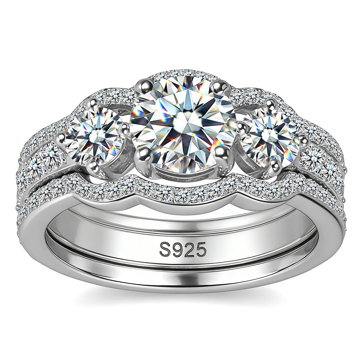 Frontal view of round lab-grown diamond 3-stone bridal ring set showing S925 hallmark.