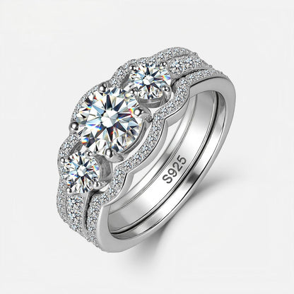 Round lab-grown diamond 3-stone bridal ring set in 925 sterling silver.