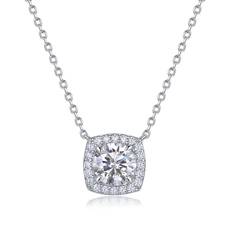 Round cut lab grown diamond cushion halo pendant necklace in 925 sterling silver.
