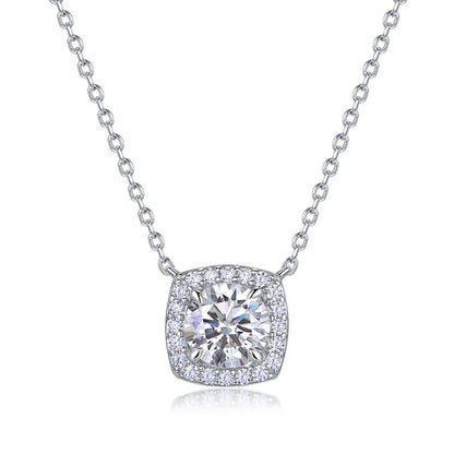 Round cut lab grown diamond cushion halo pendant necklace in 925 sterling silver.