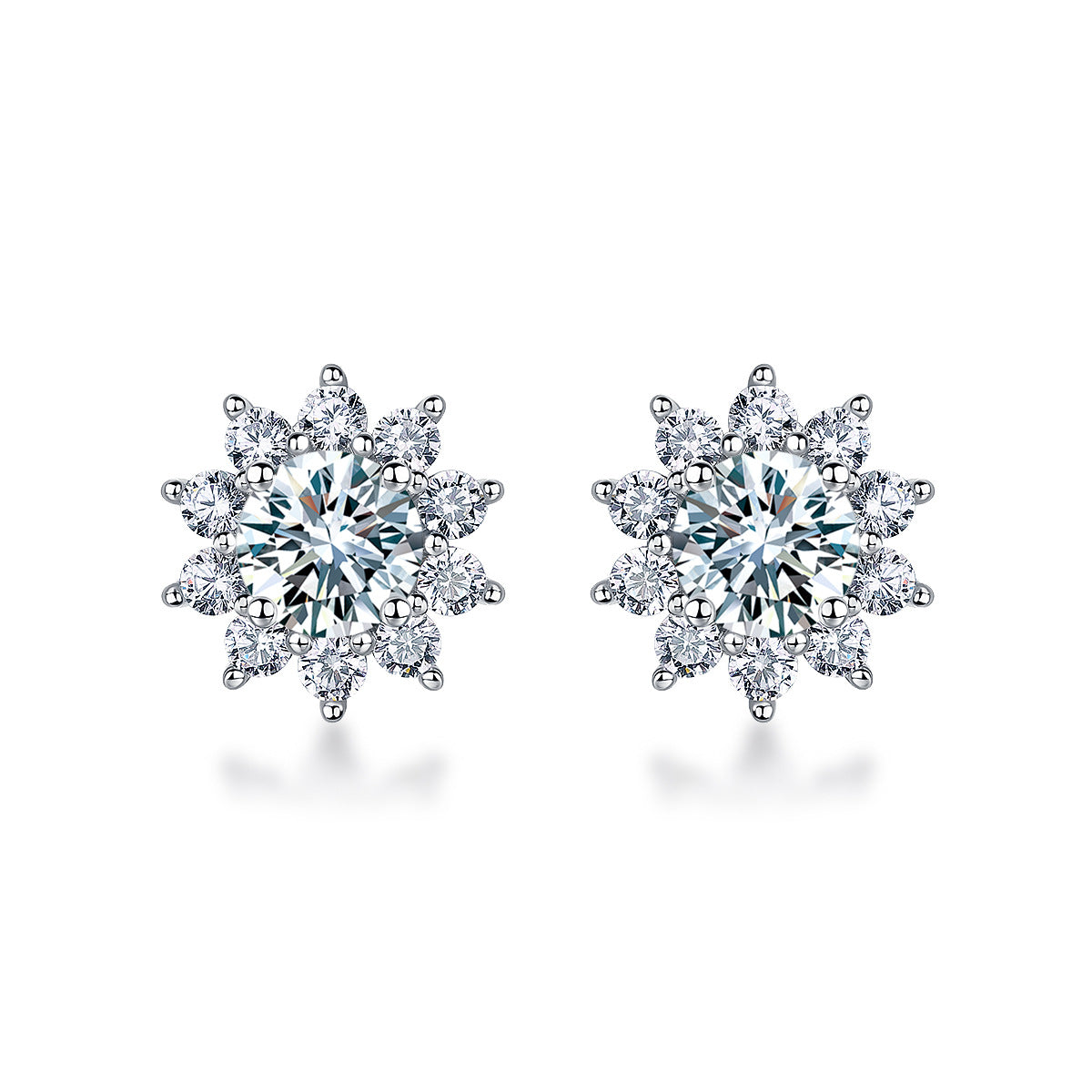Round lab-grown diamond floral halo stud earrings in 925 sterling silver.