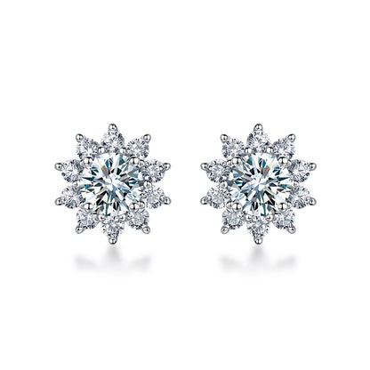 Round lab-grown diamond floral halo stud earrings in 925 sterling silver.
