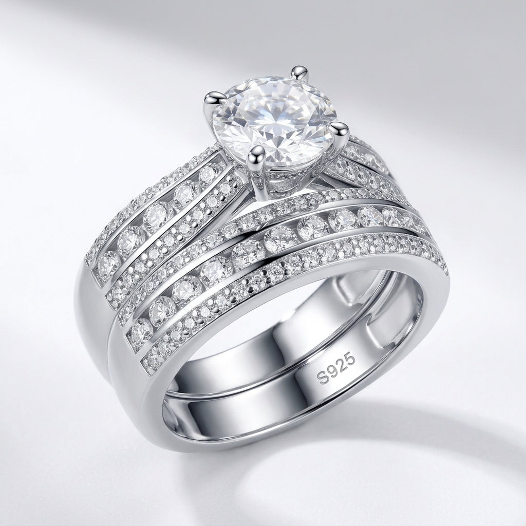 Angled view of round moissanite solitaire and interlocking multi-row pave band.