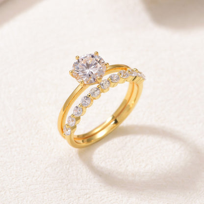 Perspective view of 18K gold plated round moissanite crown solitaire and bubble band set.
