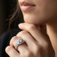 Close-up view of a model wearing luxury round moissanite double halo ring with split shank.