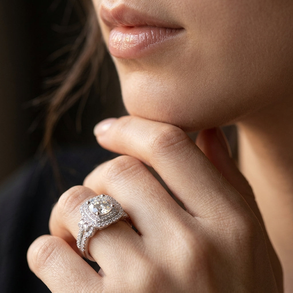 Close-up view of a model wearing luxury round moissanite double halo ring with split shank.