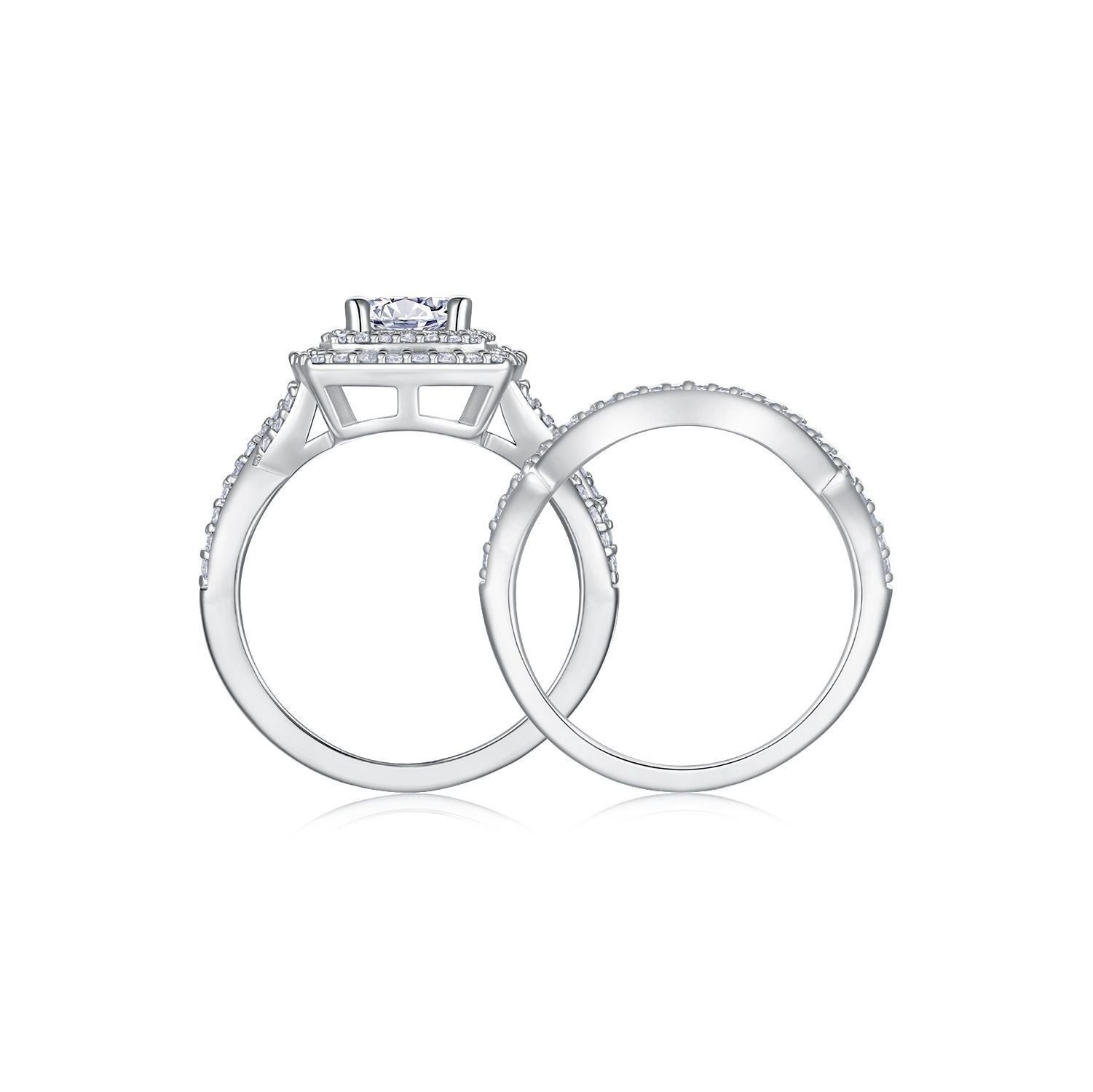 Side profile view showing round moissanite cushion double halo ring and matching curved pave band.