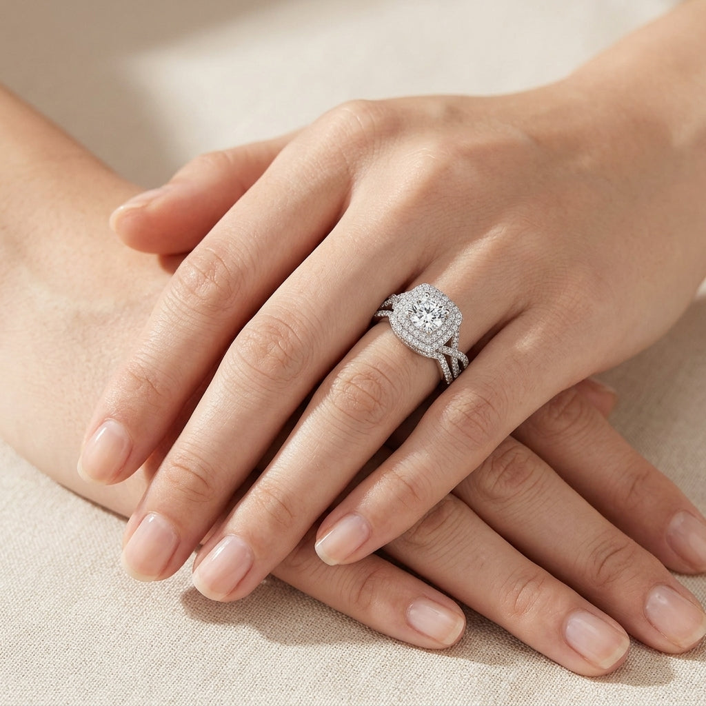 Model wearing round moissanite double cushion halo ring with curved stacking band.