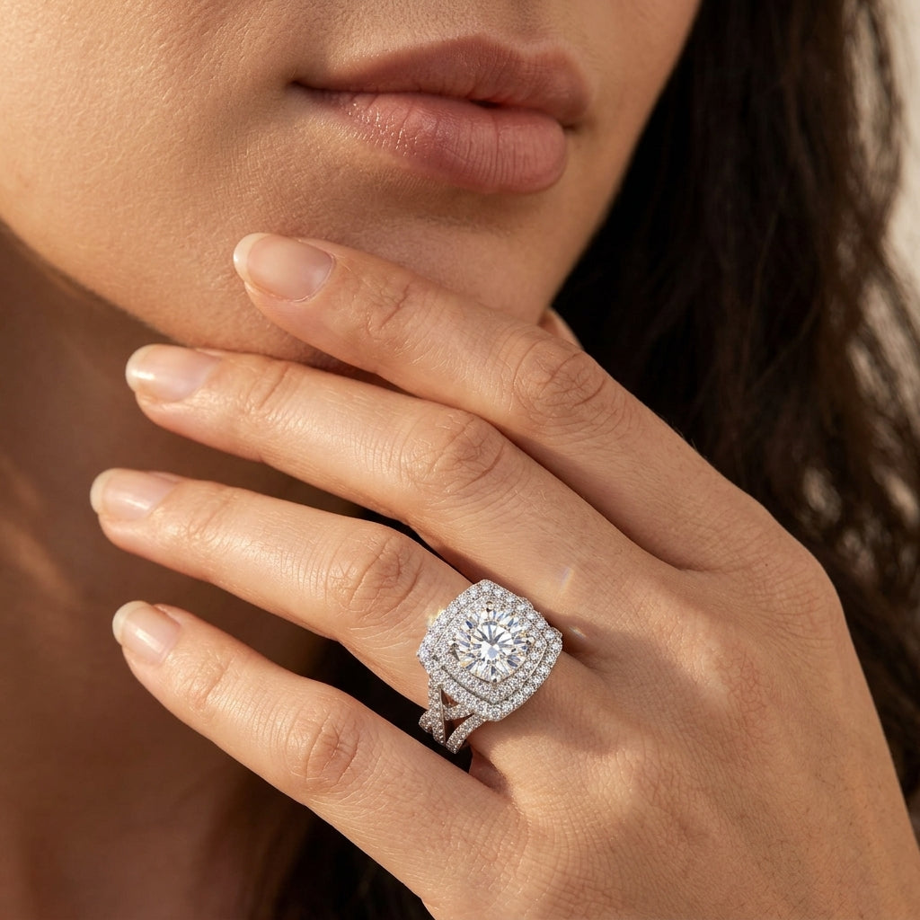 Close-up view of a model wearing round cut moissanite double cushion halo bridal set.
