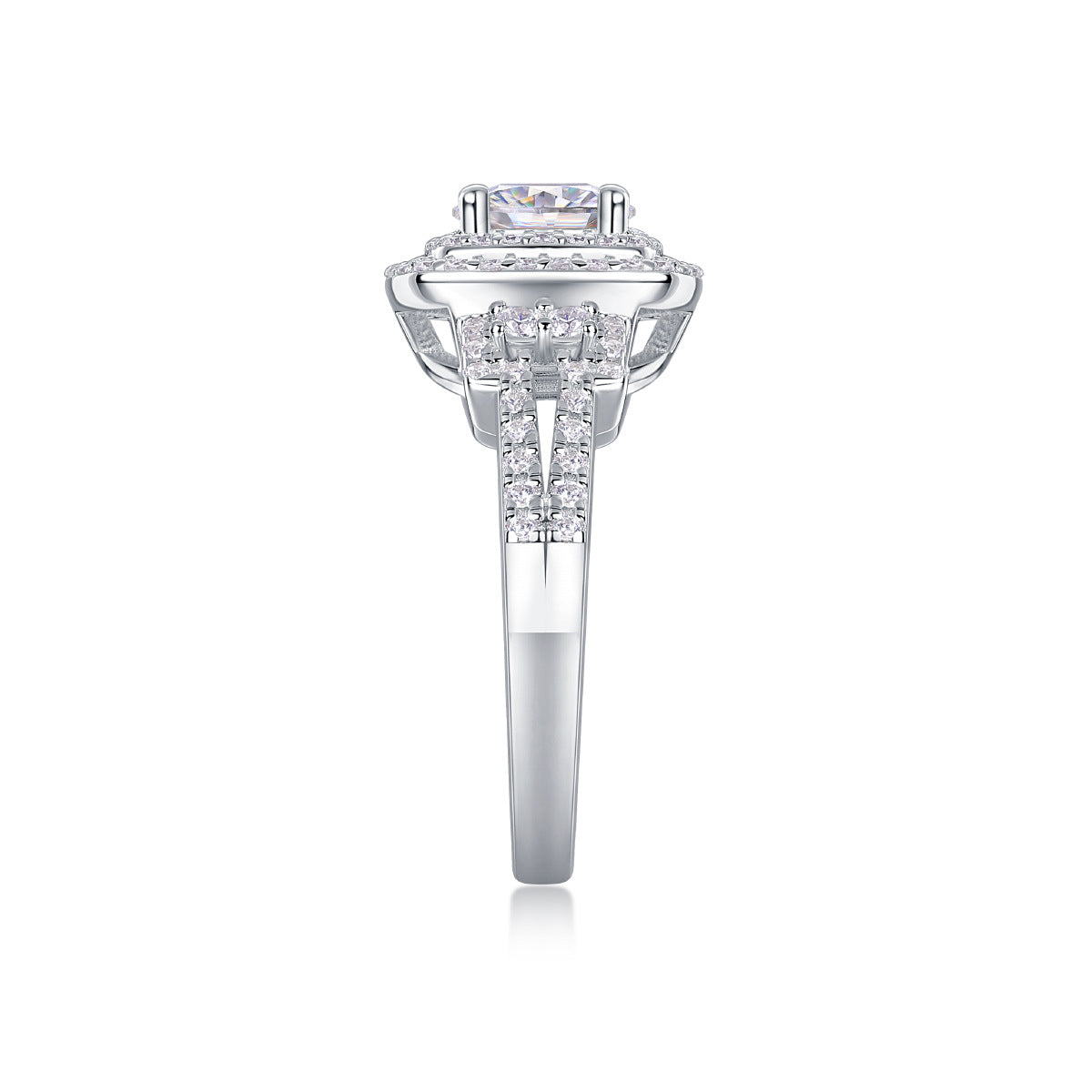 Back side view showing smooth polished shank and split pave shoulders on double halo ring.