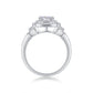 Side profile showing multi-tiered elevated basket and split pave shank on silver ring.