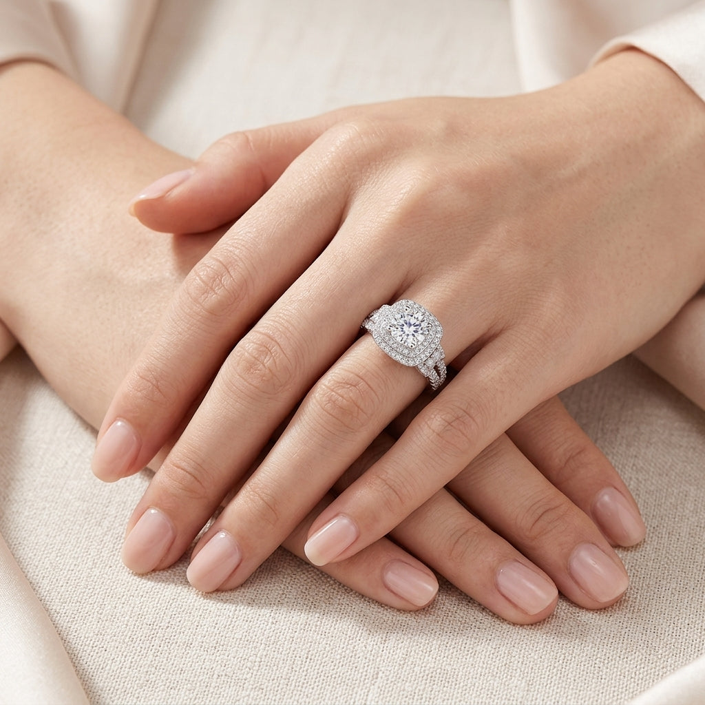 Model showing round moissanite cushion double halo engagement ring on hand.