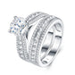 Separate view of round moissanite engagement ring and contoured pave matching wedding band.