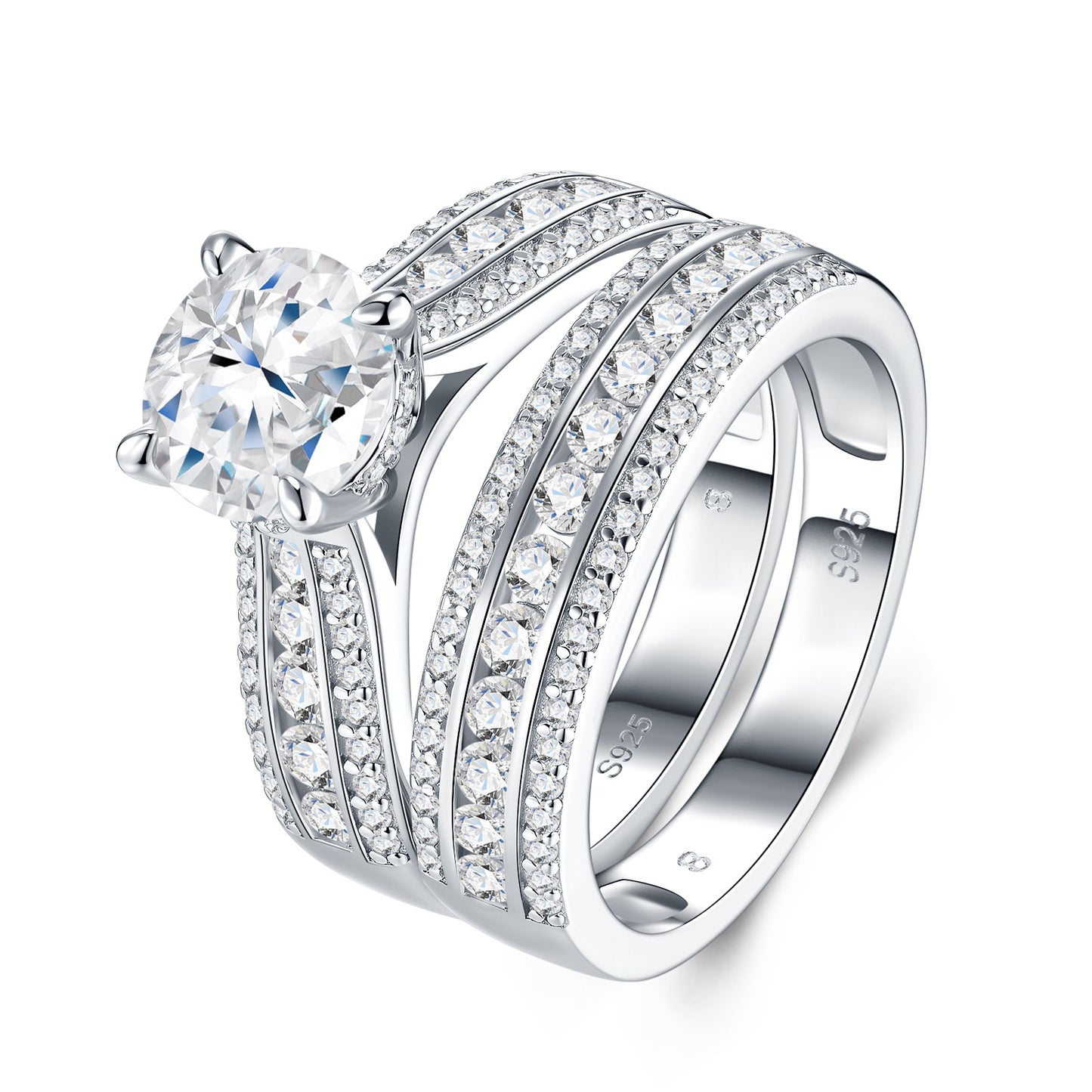 Separate view of round moissanite engagement ring and contoured pave matching wedding band.