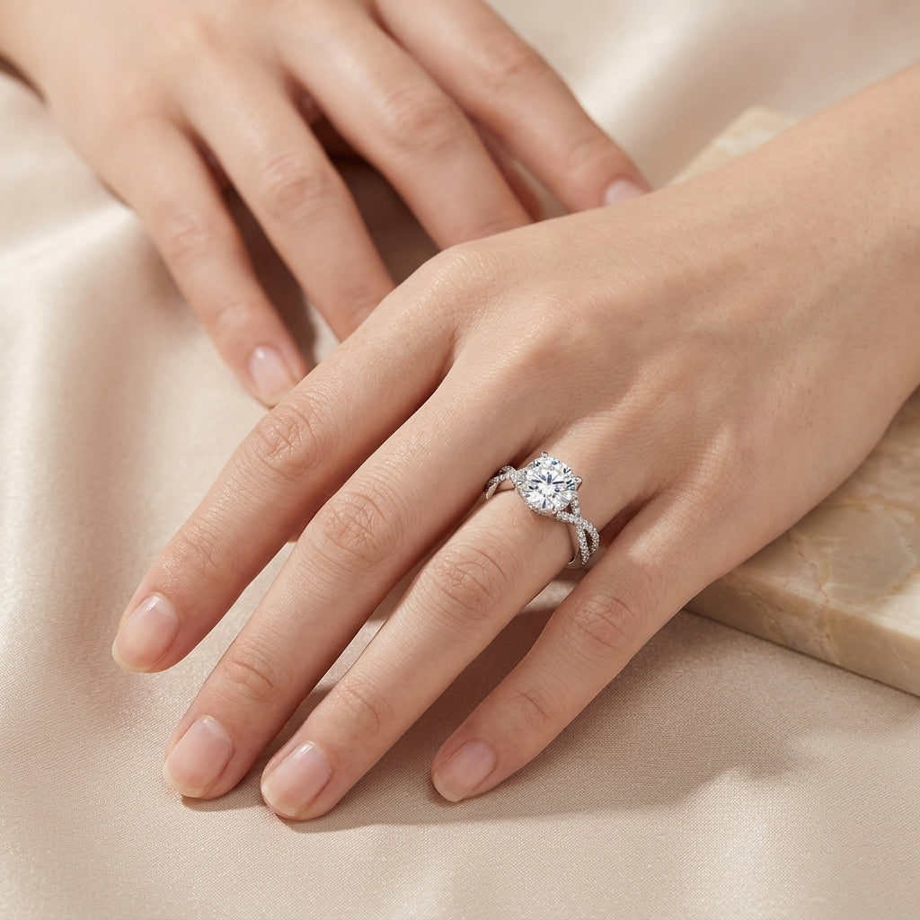 Close-up shot of a woman's hand wearing the round moissanite twisted vine ring on her ring finger.