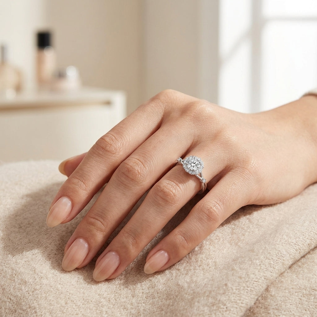 Model showing round cut moissanite floral halo ring on hand in warm natural light.