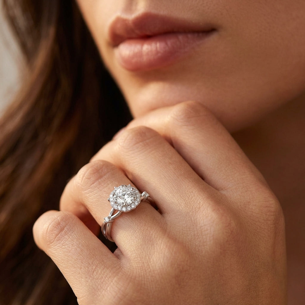 Close-up view of a model wearing round moissanite floral halo ring with twisted shank.