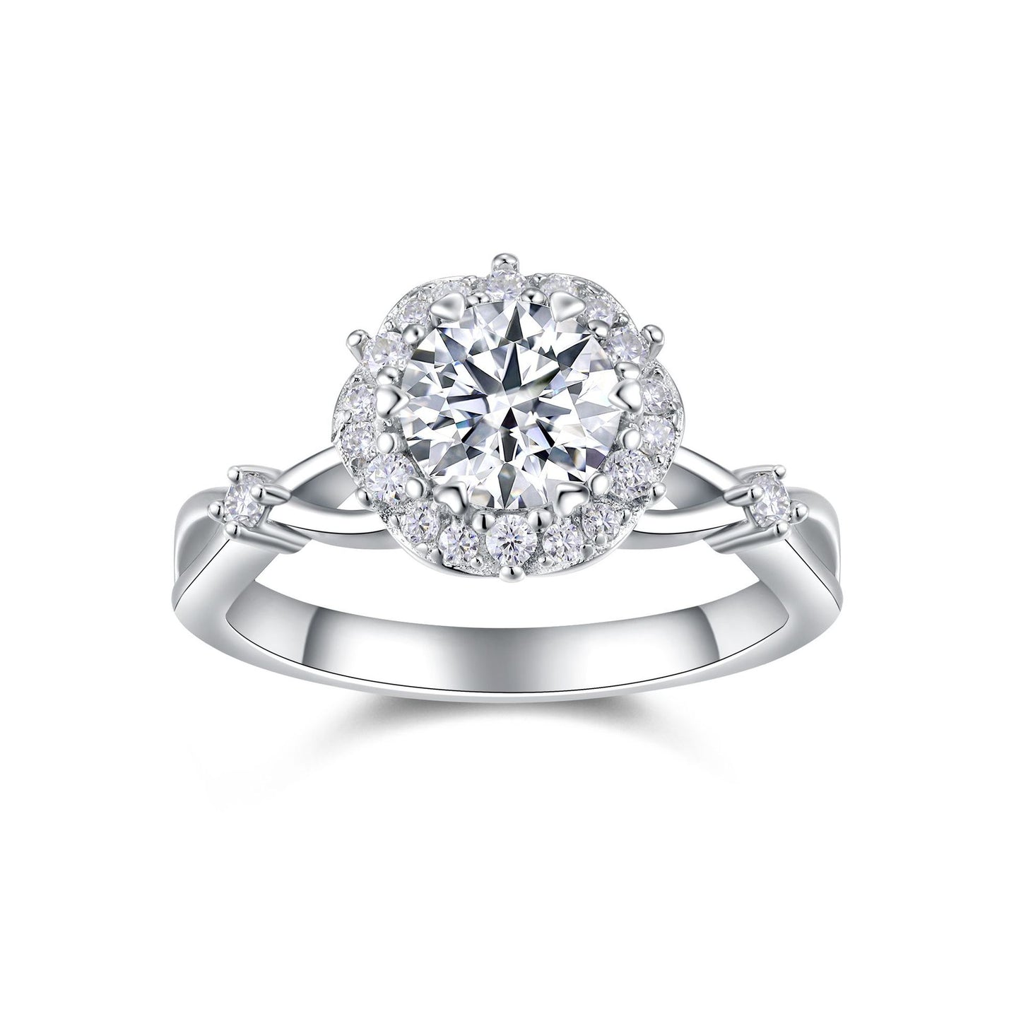 Round moissanite floral halo ring with vine twisted shank on white background.