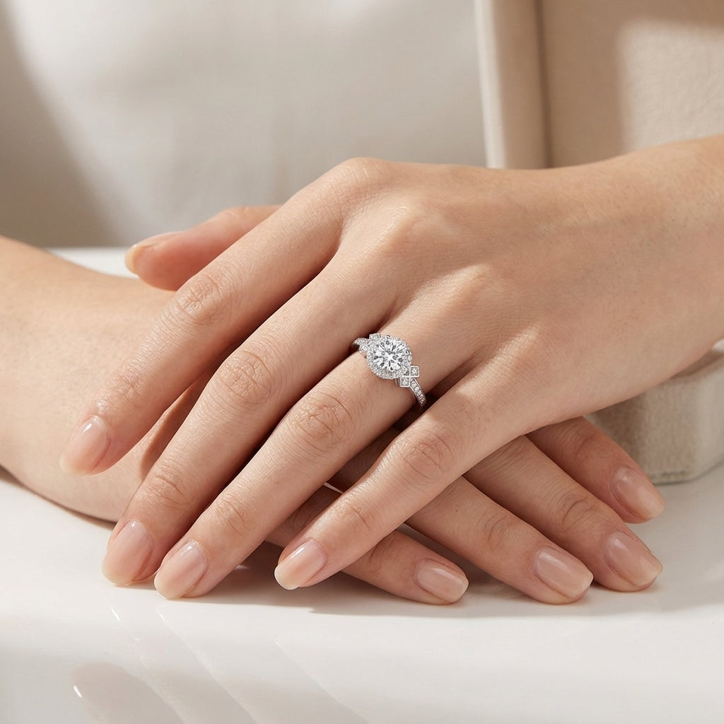 Model wearing round cut moissanite halo engagement ring with geometric accent band in bright ambient lighting.
