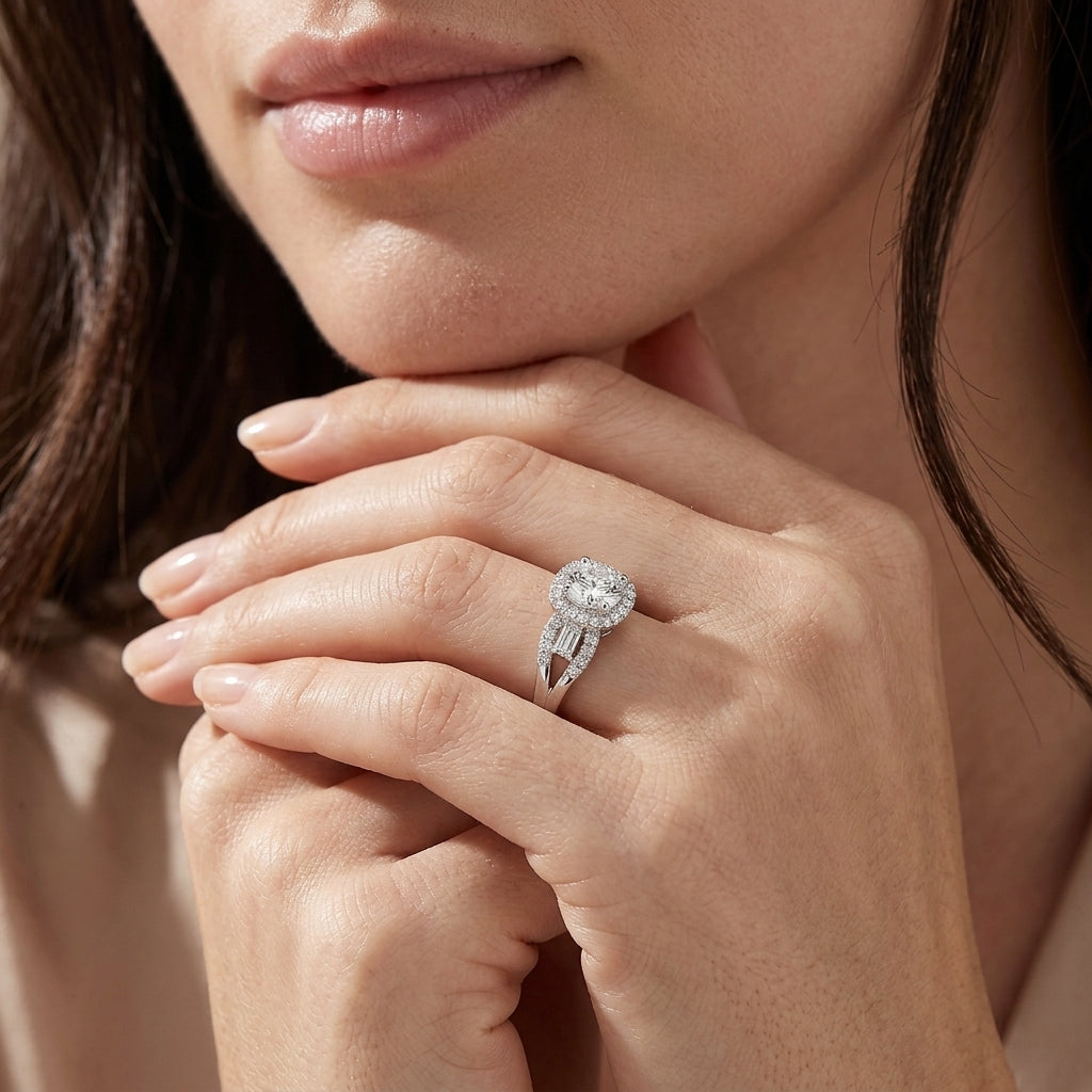 Close-up view of a model wearing round cut moissanite halo ring with geometric accent band.