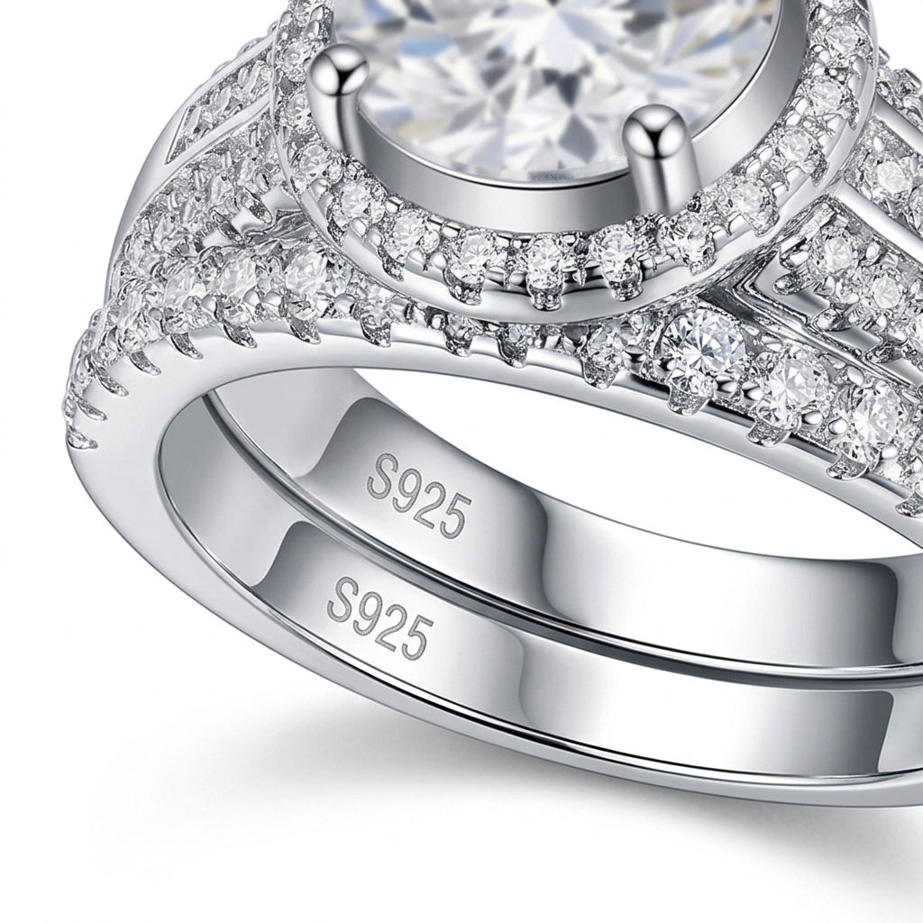 Macro view showing double S925 hallmarks and multi-row pave band on halo moissanite ring set.