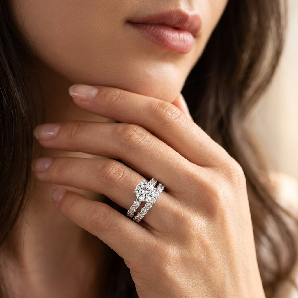 Close-up view of a model wearing round cut moissanite hidden halo bridal stacked rings.