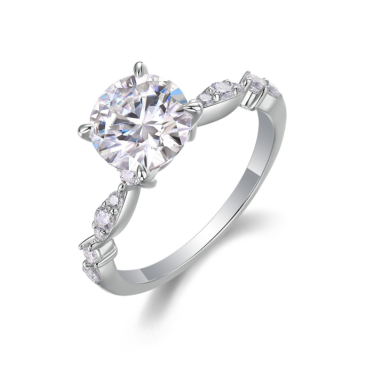 Angled view showing leaf station shank and round moissanite centerpiece.