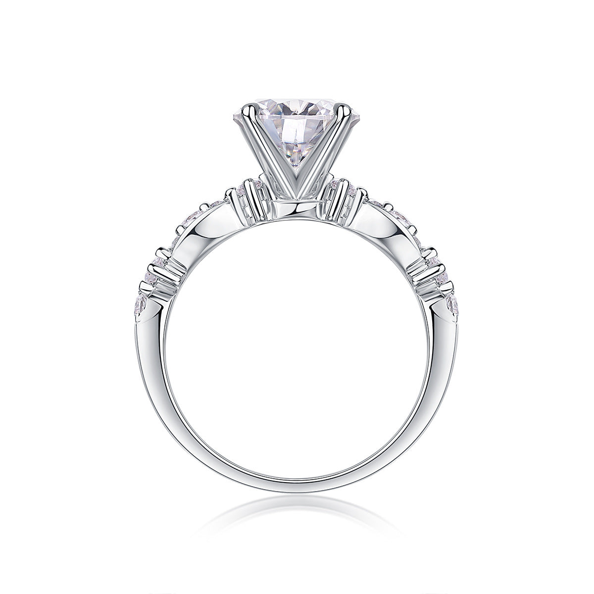 Side profile showing 4-prong basket setting and marquise leaf station band.