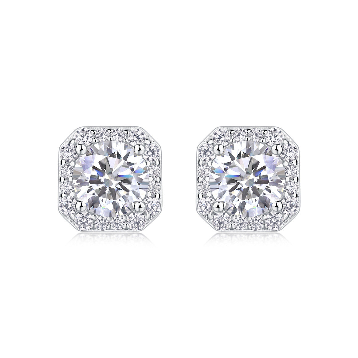 Round cut moissanite stud earrings with octagon cushion halo frame on white background.