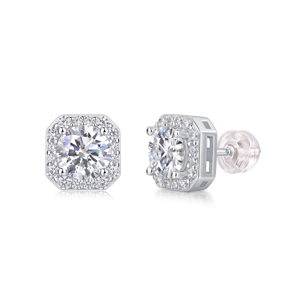 Side profile view showing openwork basket setting and silicone backs on octagon halo moissanite studs.