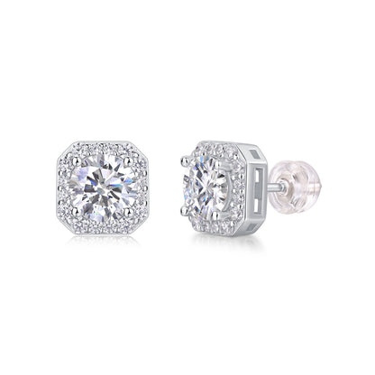 Side profile view showing openwork basket setting and silicone backs on octagon halo moissanite studs.
