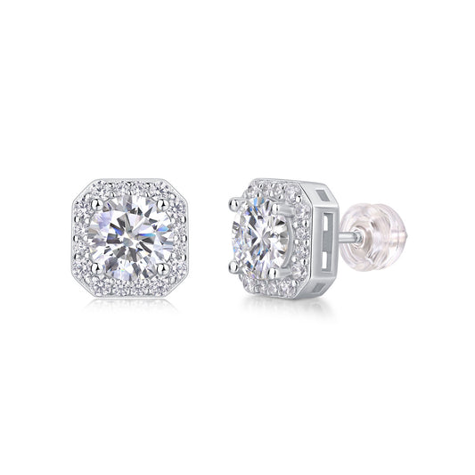 Side profile view showing openwork basket setting and silicone backs on octagon halo moissanite studs.