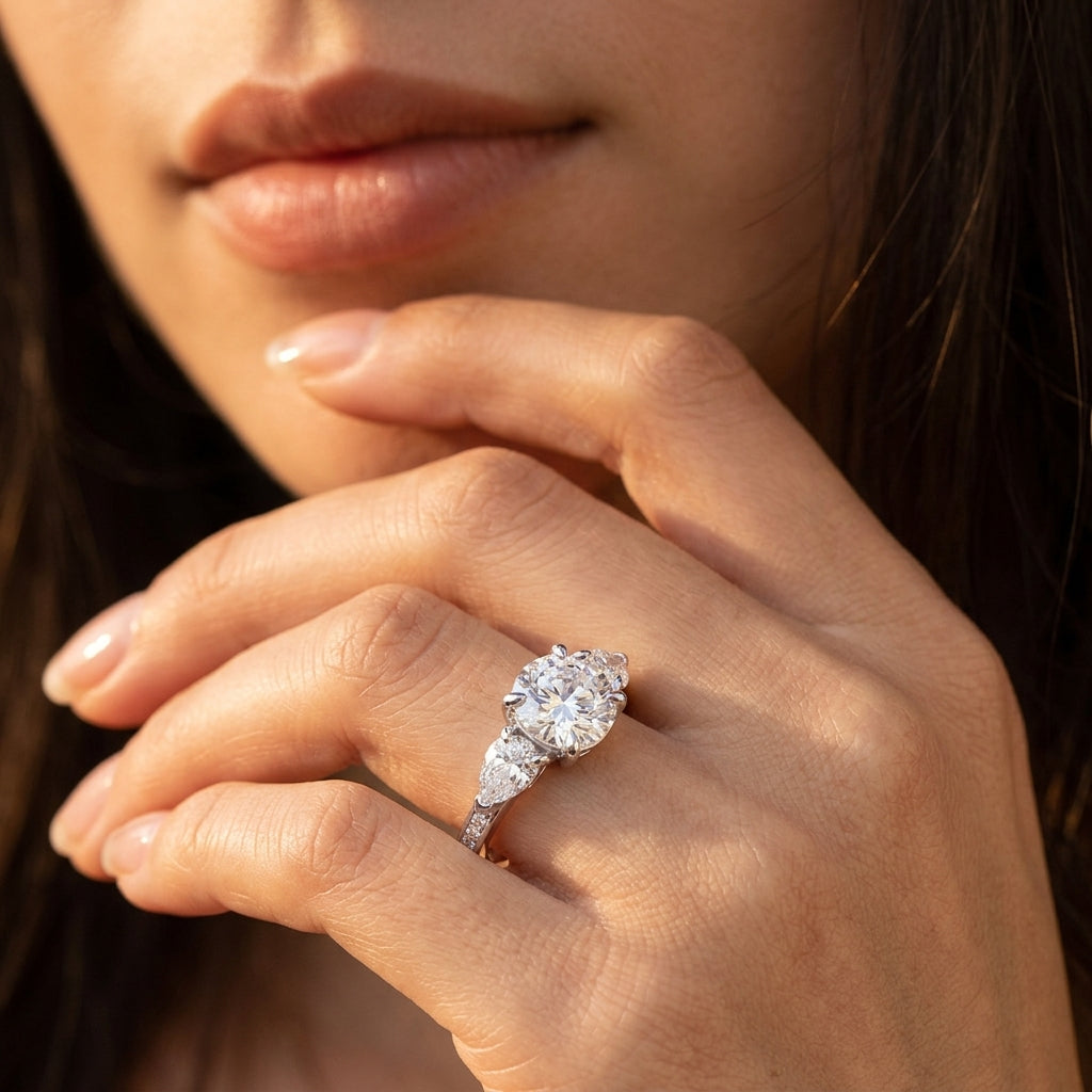 Close-up view of a model wearing round moissanite three stone ring with pear accents.