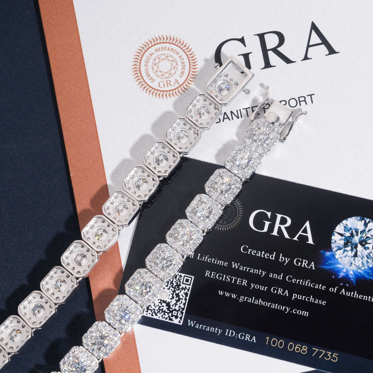 Double iced box clasp detail of round moissanite square cushion halo tennis bracelet with GRA card