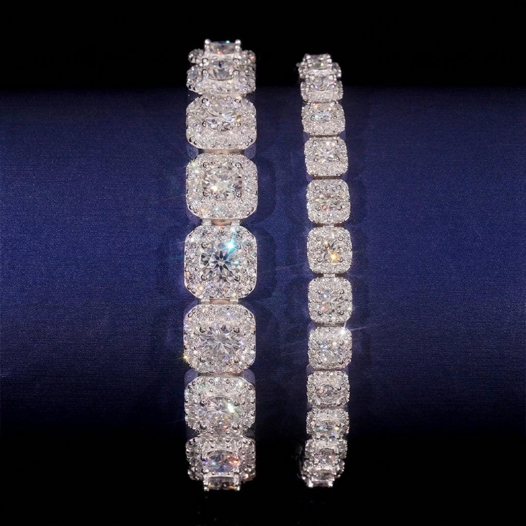Round moissanite square cushion halo tennis bracelets in two widths on dark navy background
