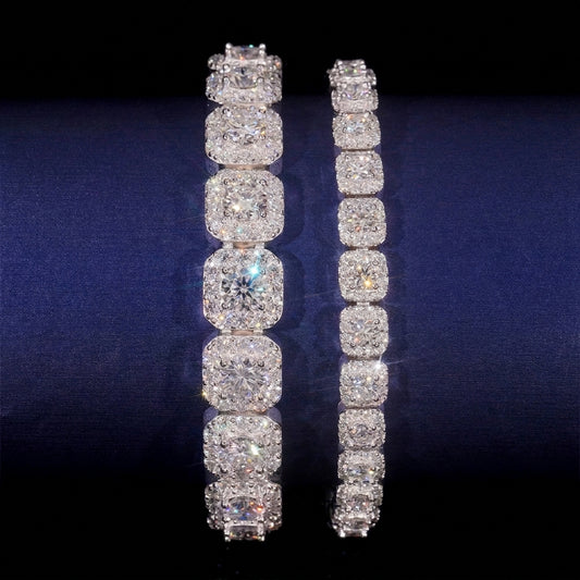 Round moissanite square cushion halo tennis bracelets in two widths on dark navy background