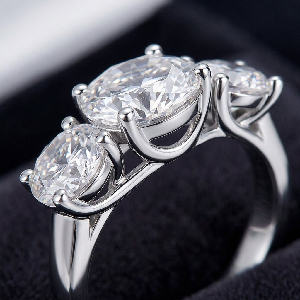 Macro close-up view showing open arch 4-prong basket setting on round moissanite trilogy ring.