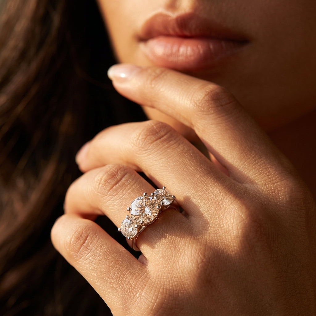 Close-up view of a model wearing round cut moissanite trilogy anniversary ring.