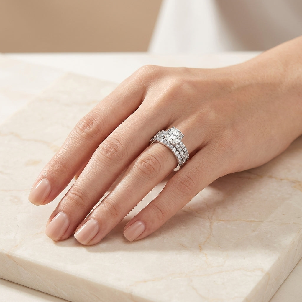 Model showing round moissanite engagement ring with triple row pave stacking band on hand.
