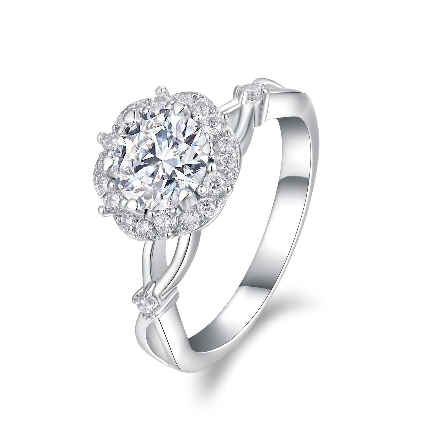 Angled view showing floral halo and twisted vine shank with accent stone details.