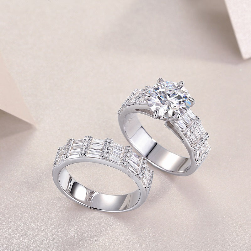 Angled view showing 2-piece wide baguette cut moissanite bridal ring set.