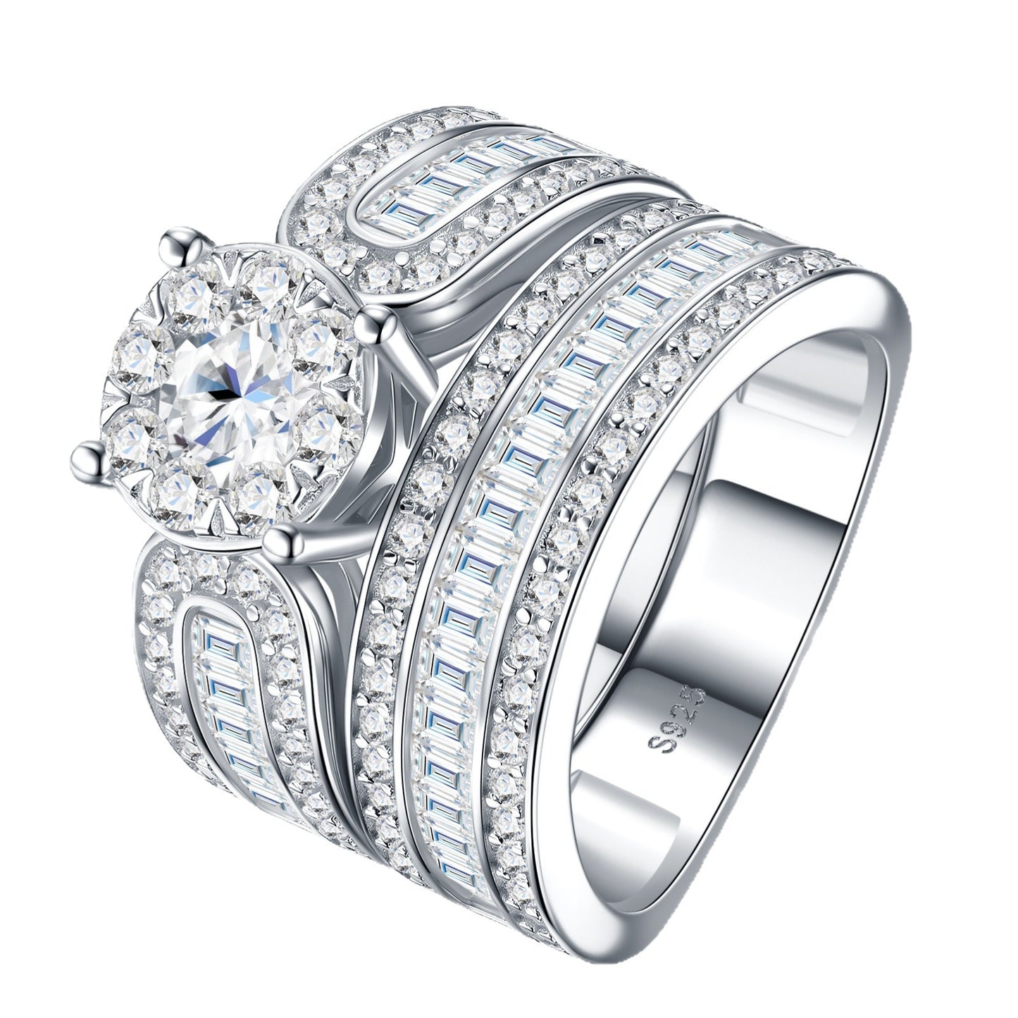 Angled view showing round moissanite halo ring with wide channel-set baguette wedding band.