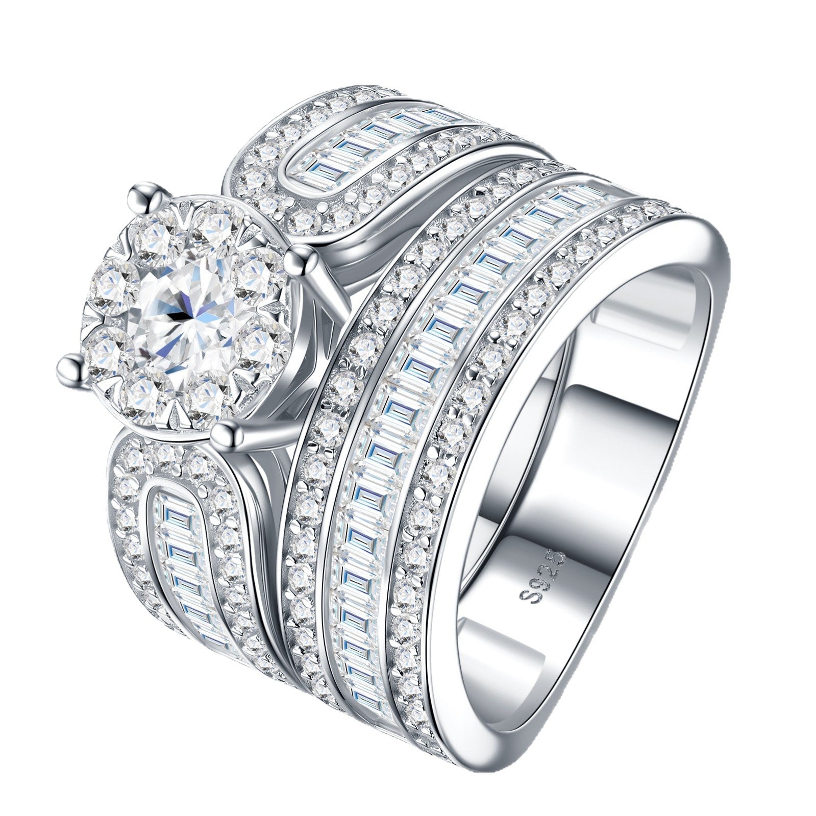Angled view showing round moissanite halo ring with wide channel-set baguette wedding band.